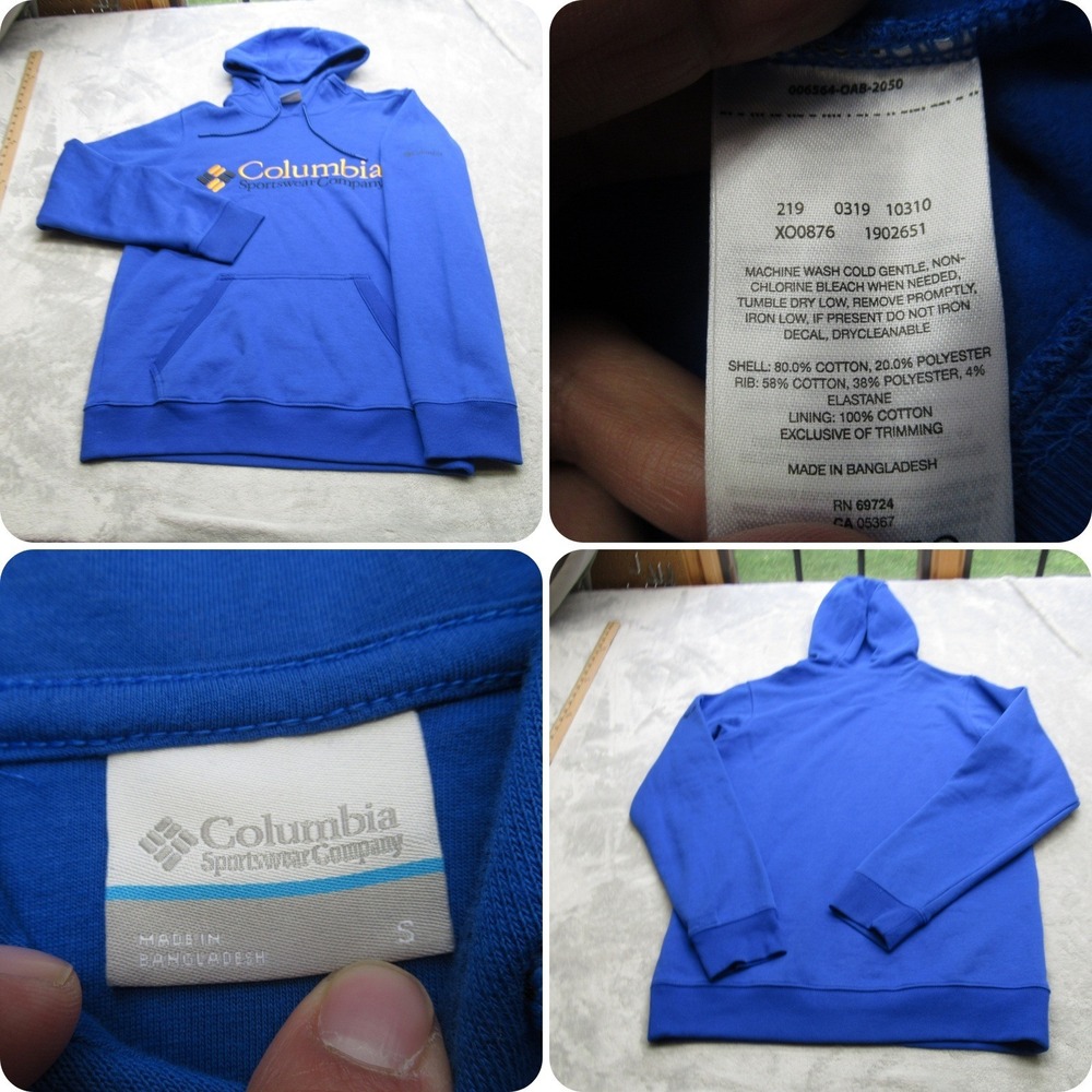 Columbia Hoodie Men Small Royal Blue Gold Graphic Fleece Pullover Sweatshirt